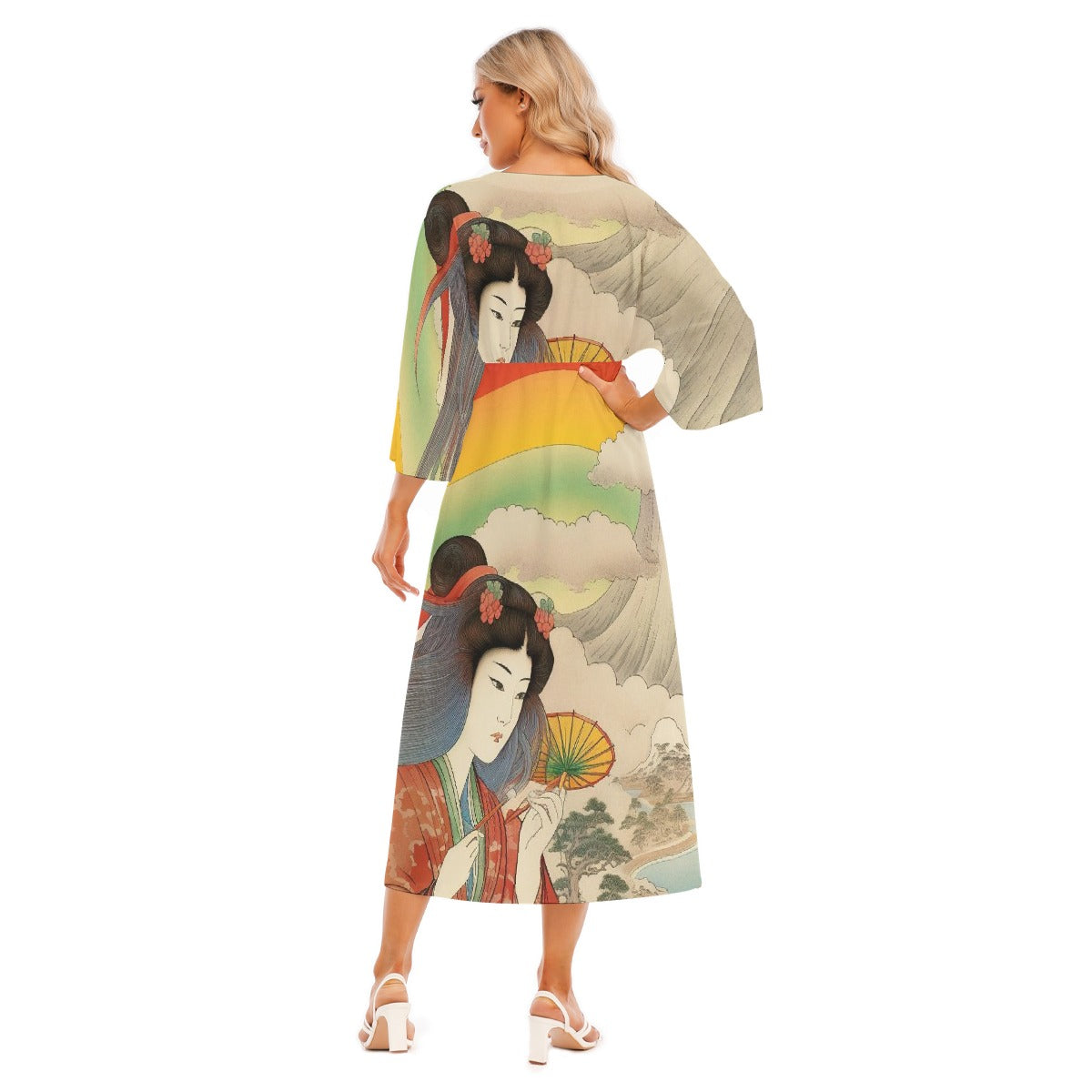 All-Over Print Women's Mid-Sleeve Long Dress