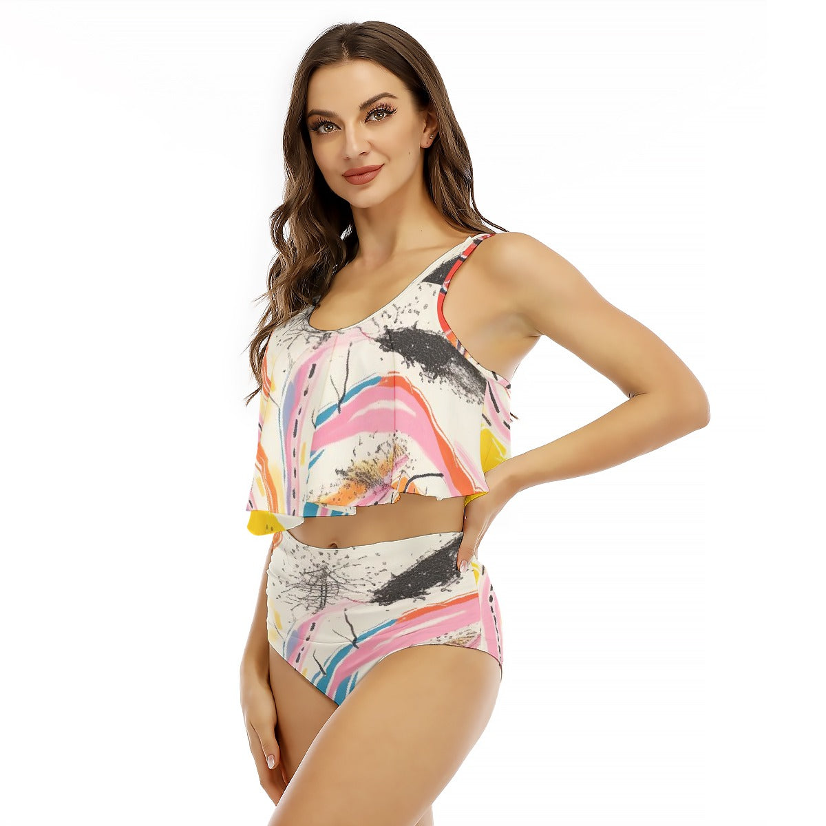 All-Over Print Women's Ruffled Vest Bikini Swimsuit