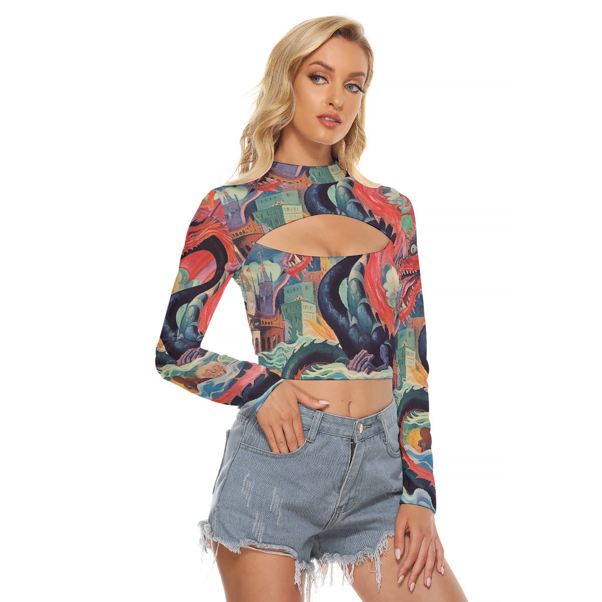 All-Over Print Women's Hollow Chest Keyhole Tight Crop Top