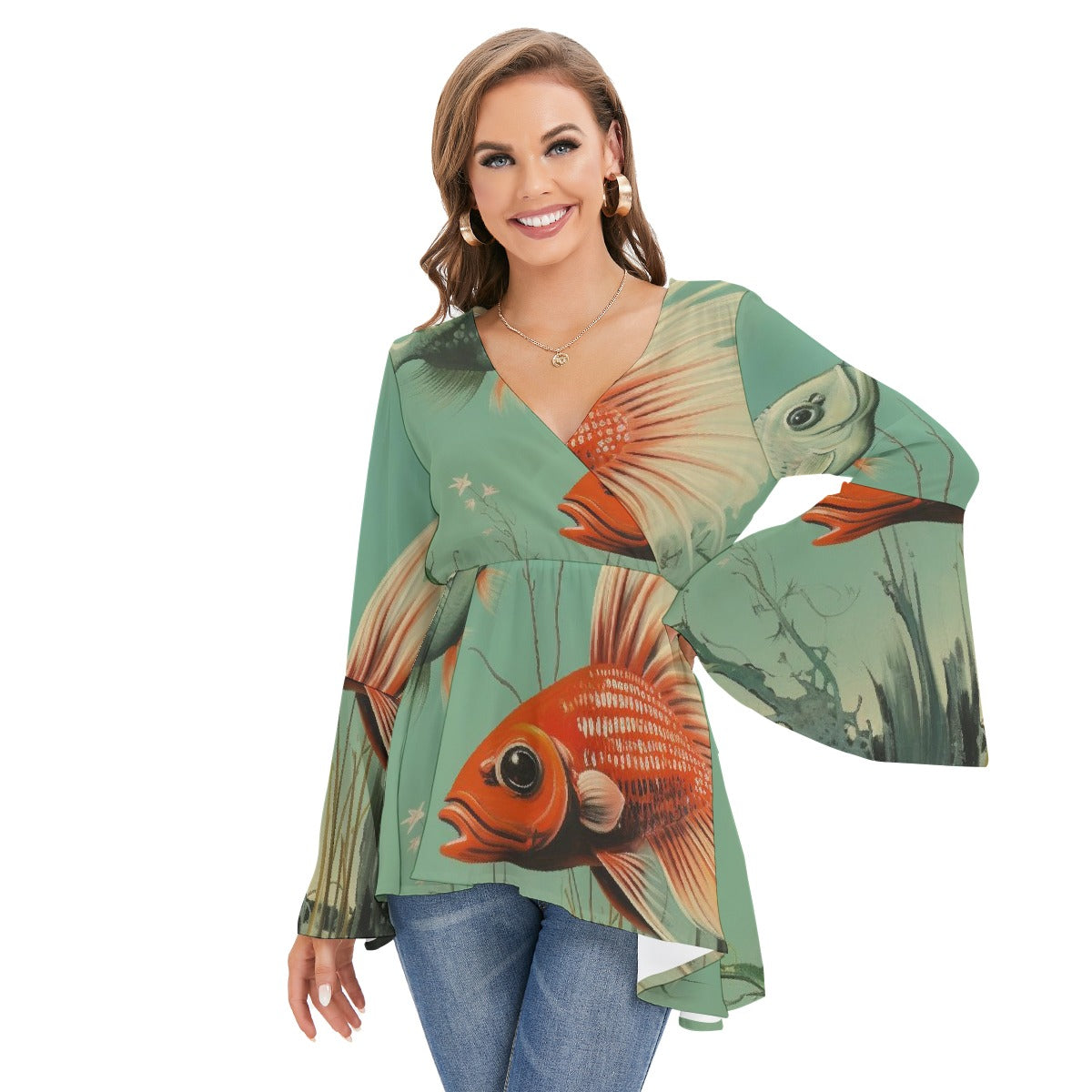 All-Over Print Women's V-neck Blouse With Flared Sleeves