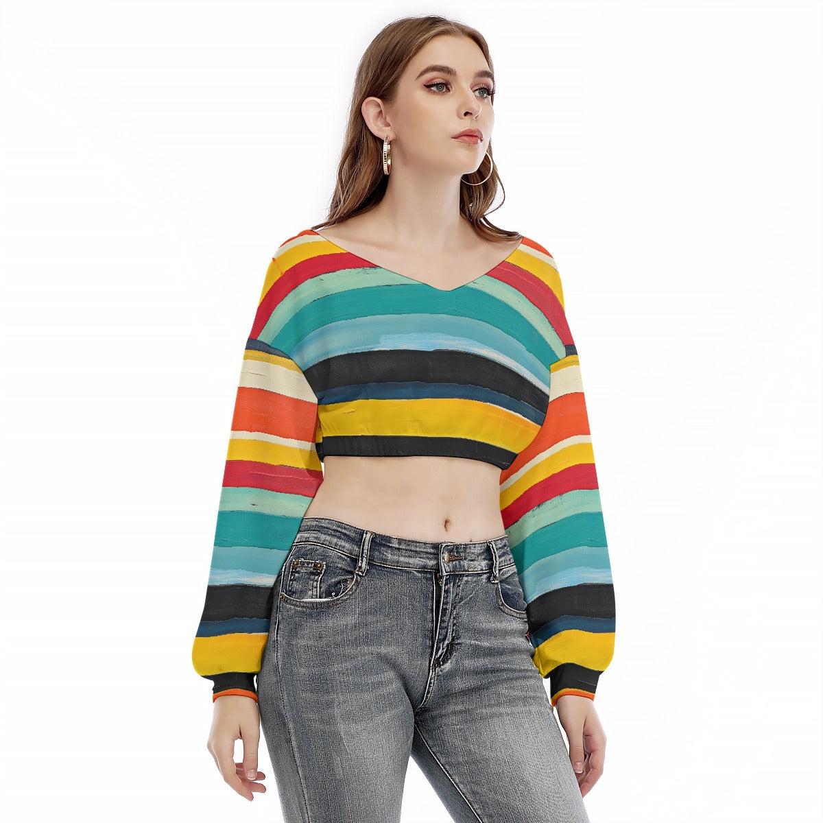 All-Over Print Women's V-neck Long Sleeve Cropped Sweatshirt