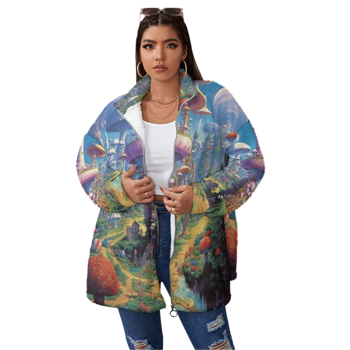 All-Over Print Unisex Borg Fleece Stand-up Collar Coat With Zipper Closure(Plus Size)