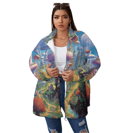 All-Over Print Unisex Borg Fleece Stand-up Collar Coat With Zipper Closure(Plus Size)