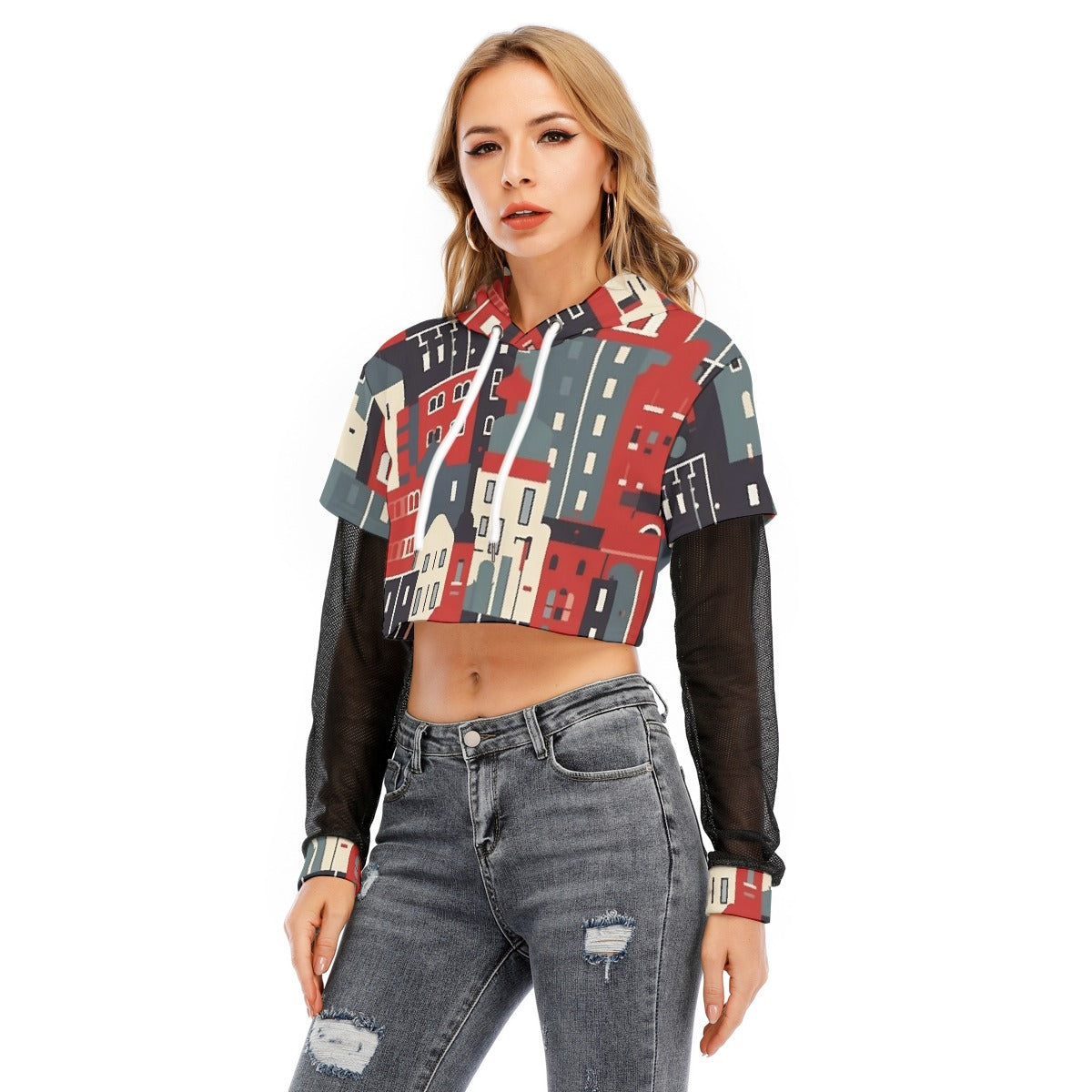 All-Over Print Women's Fake Two-piece Mesh Sleeve Cropped Hoodie