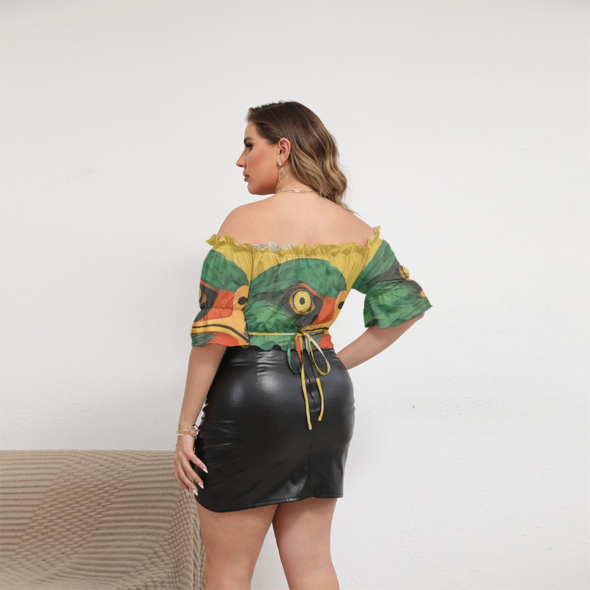 All-Over Print Women's Off-shoulder Cropped Top With Short Puff Sleeve