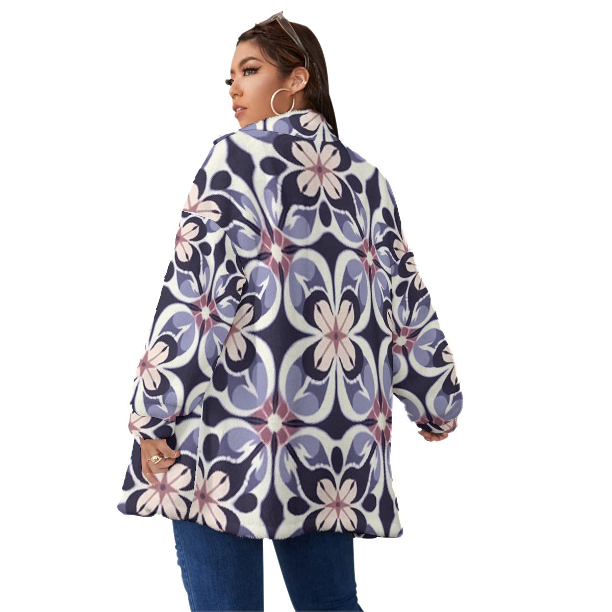 All-Over Print Unisex Borg Fleece Stand-up Collar Coat With Zipper Closure(Plus Size)