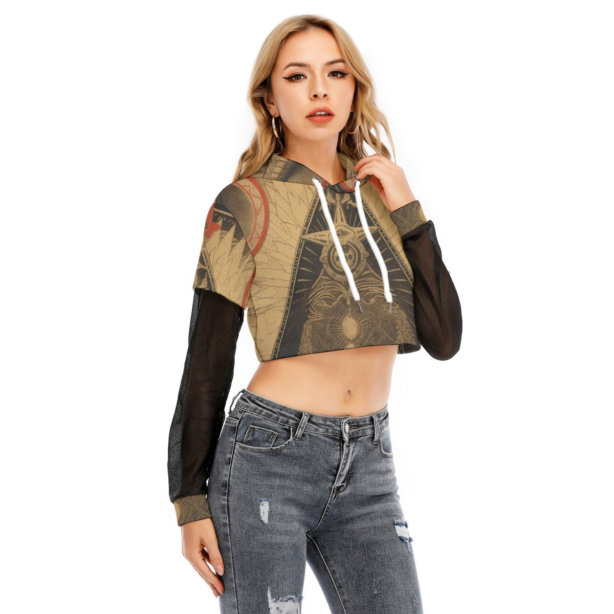 All-Over Print Women's Fake Two-piece Mesh Sleeve Cropped Hoodie