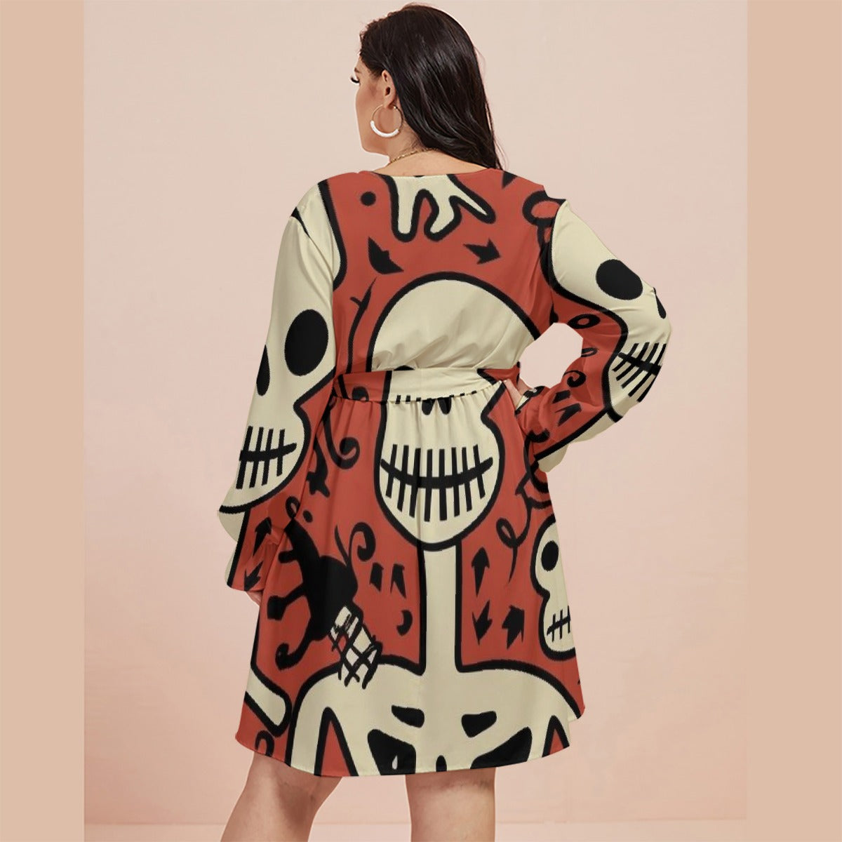 All-Over Print Women's V-neck Dress With Waistband(Plus Size)