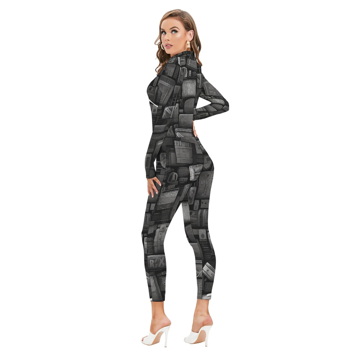 All-Over Print Women's Long-sleeved High-neck Jumpsuit With Zipper