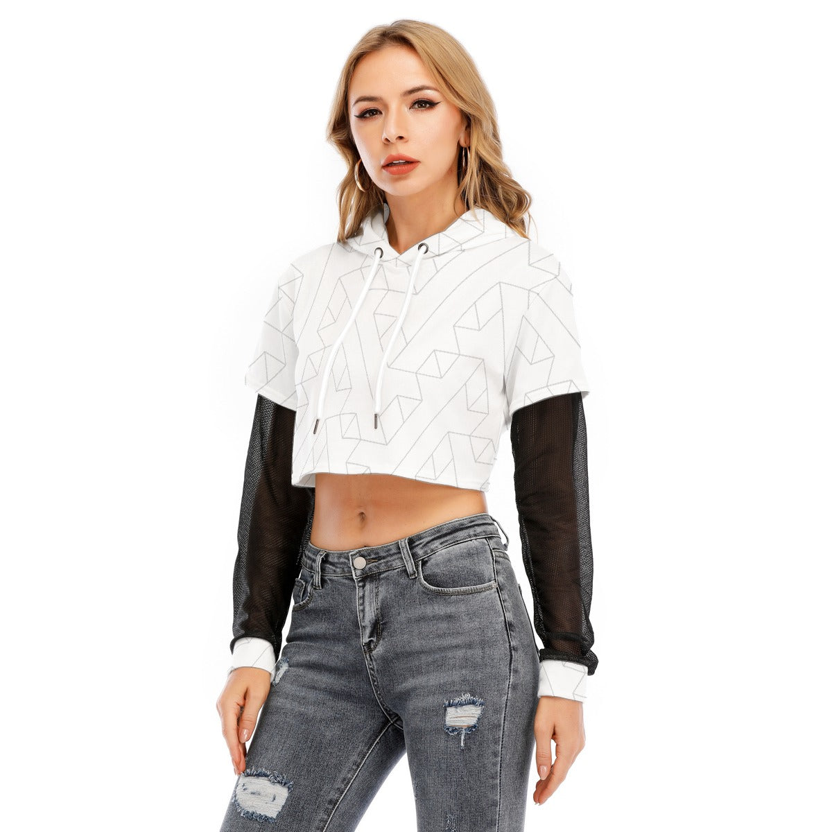 All-Over Print Women's Fake Two-piece Mesh Sleeve Cropped Hoodie