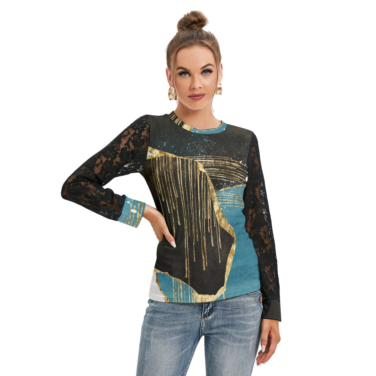 All-Over Print Women's T-shirt And Sleeve With Black Lace