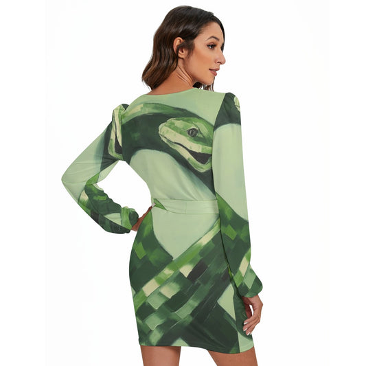 All-Over Print Women's Long Sleeve Dress With Waist Belt
