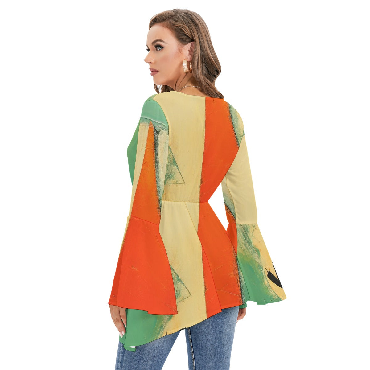 All-Over Print Women's V-neck Blouse With Flared Sleeves