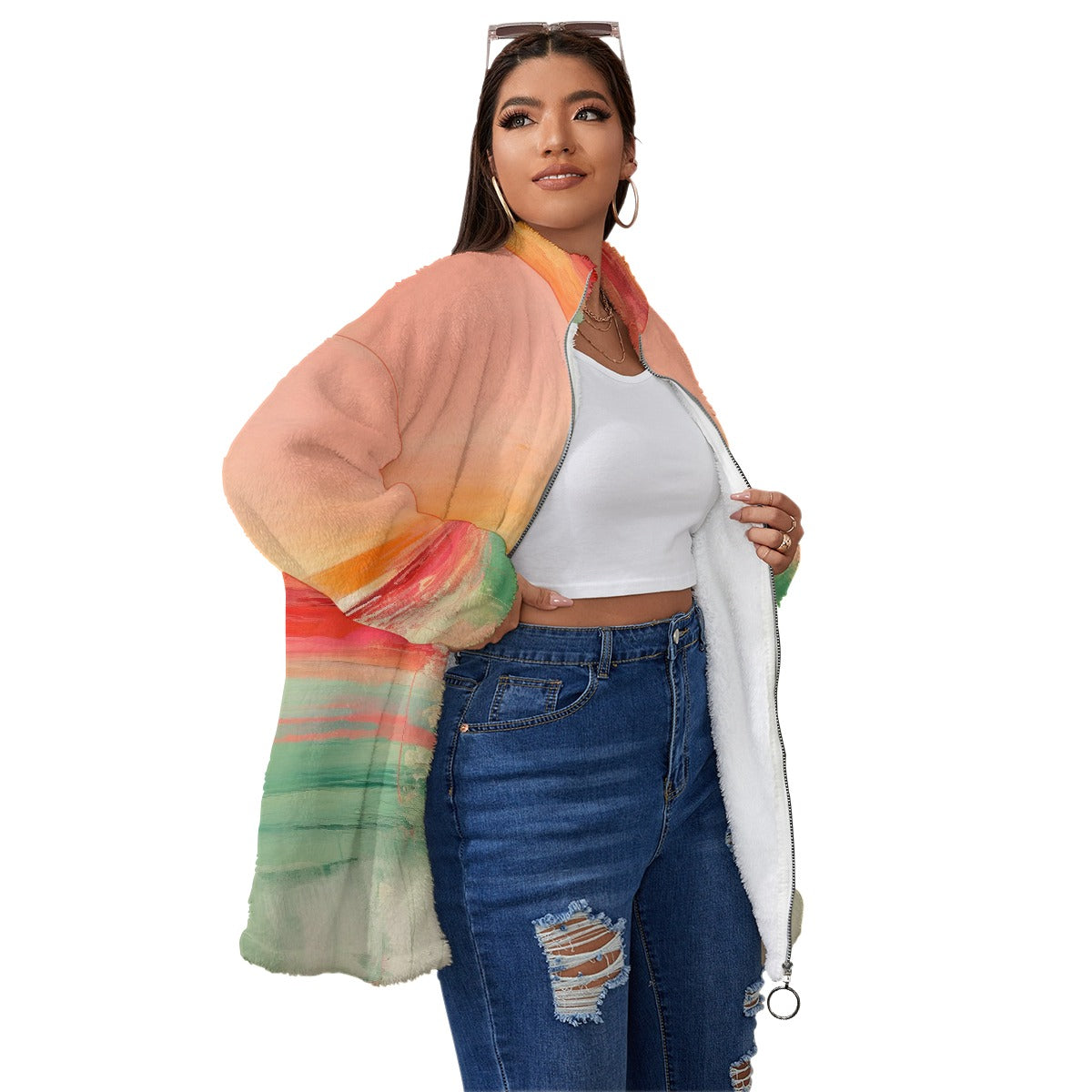 All-Over Print Unisex Borg Fleece Stand-up Collar Coat With Zipper Closure(Plus Size)