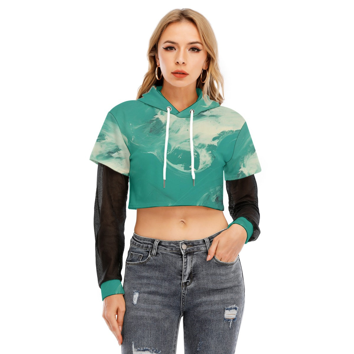 All-Over Print Women's Fake Two-piece Mesh Sleeve Cropped Hoodie