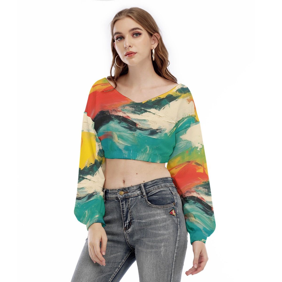 All-Over Print Women's V-neck Long Sleeve Cropped Sweatshirt