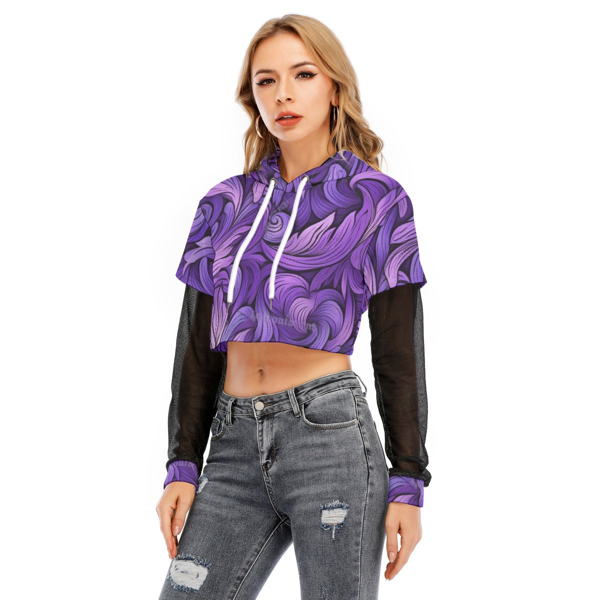 All-Over Print Women's Fake Two-piece Mesh Sleeve Cropped Hoodie