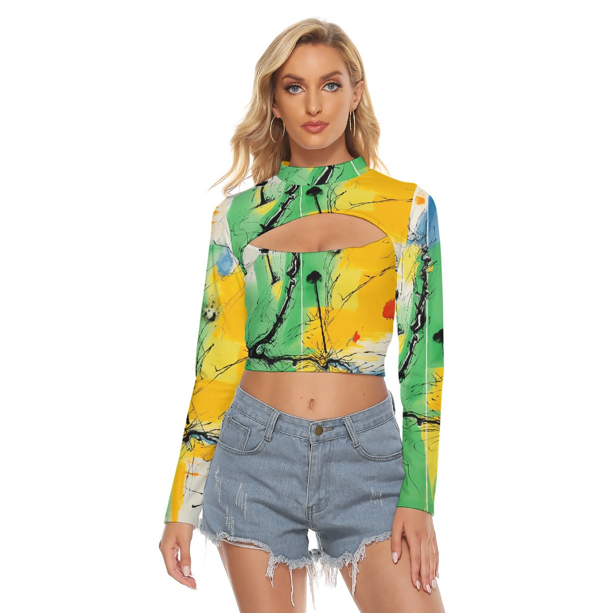 All-Over Print Women's Hollow Chest Keyhole Tight Crop Top