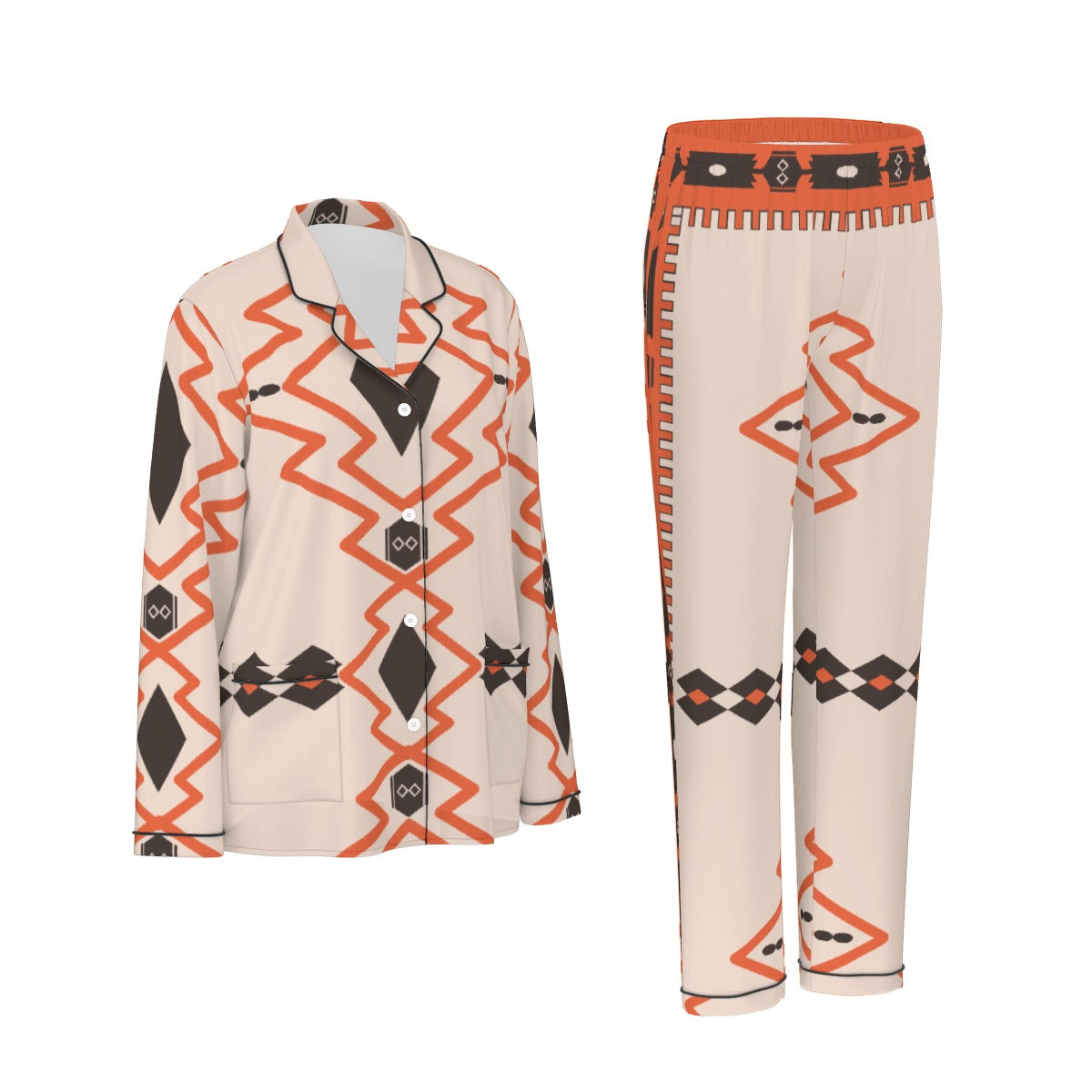 All-Over Print Women's Long Sleeve Pajama Set With Black Contrast Piping