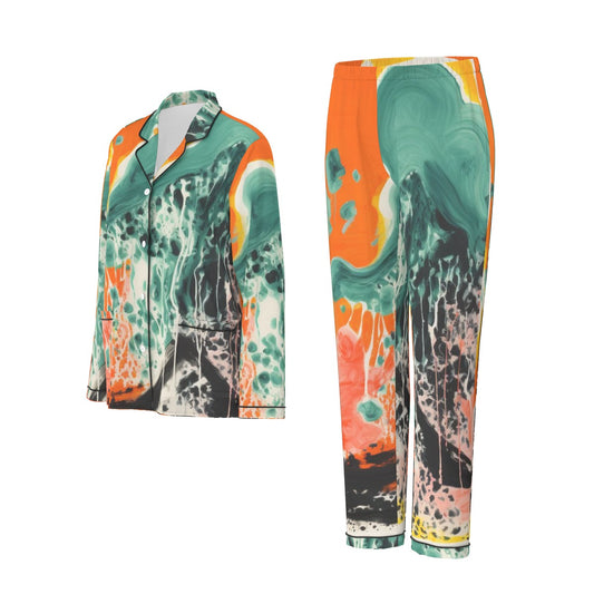 All-Over Print Women's Long Sleeve Pajama Set With Black Contrast Piping
