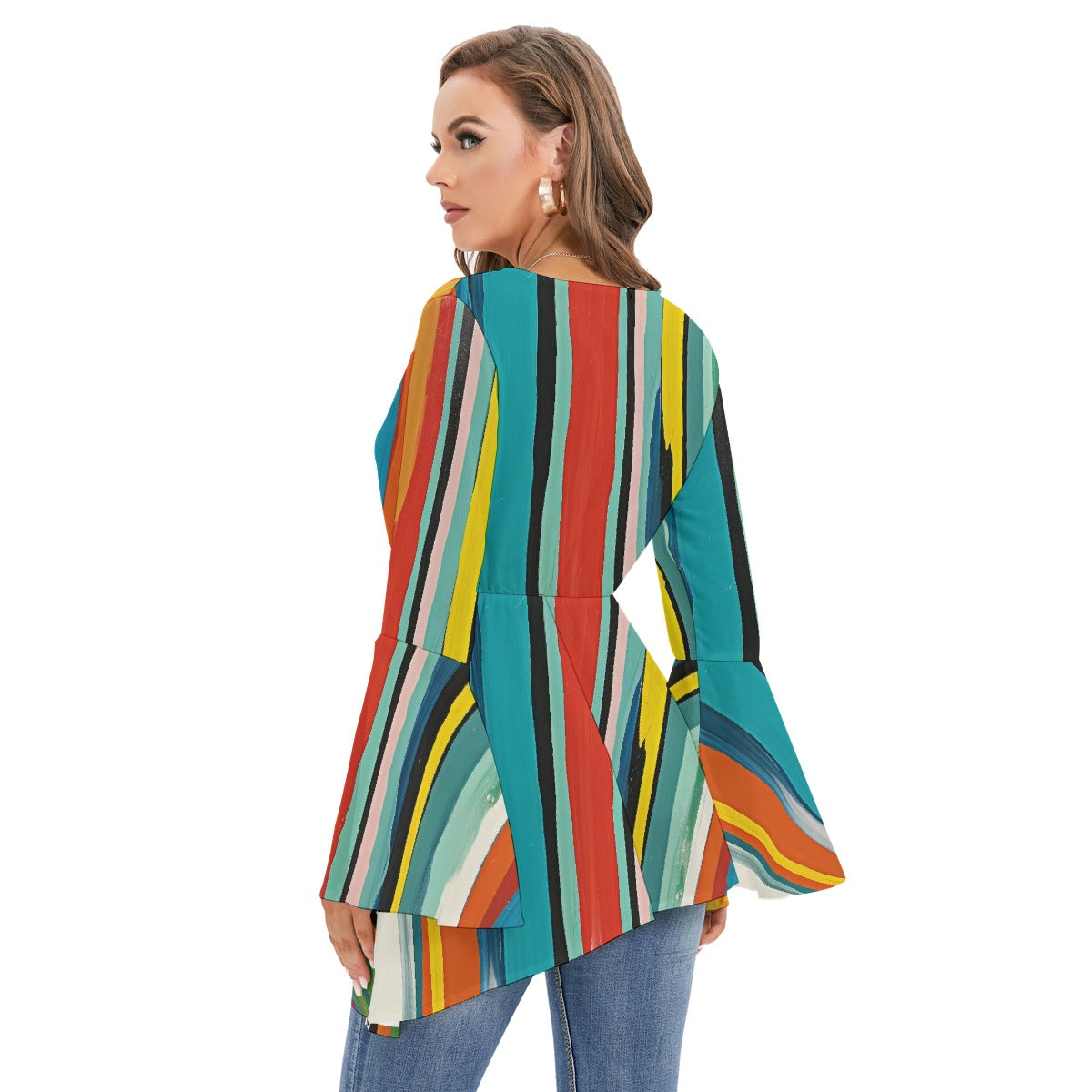 All-Over Print Women's V-neck Blouse With Flared Sleeves
