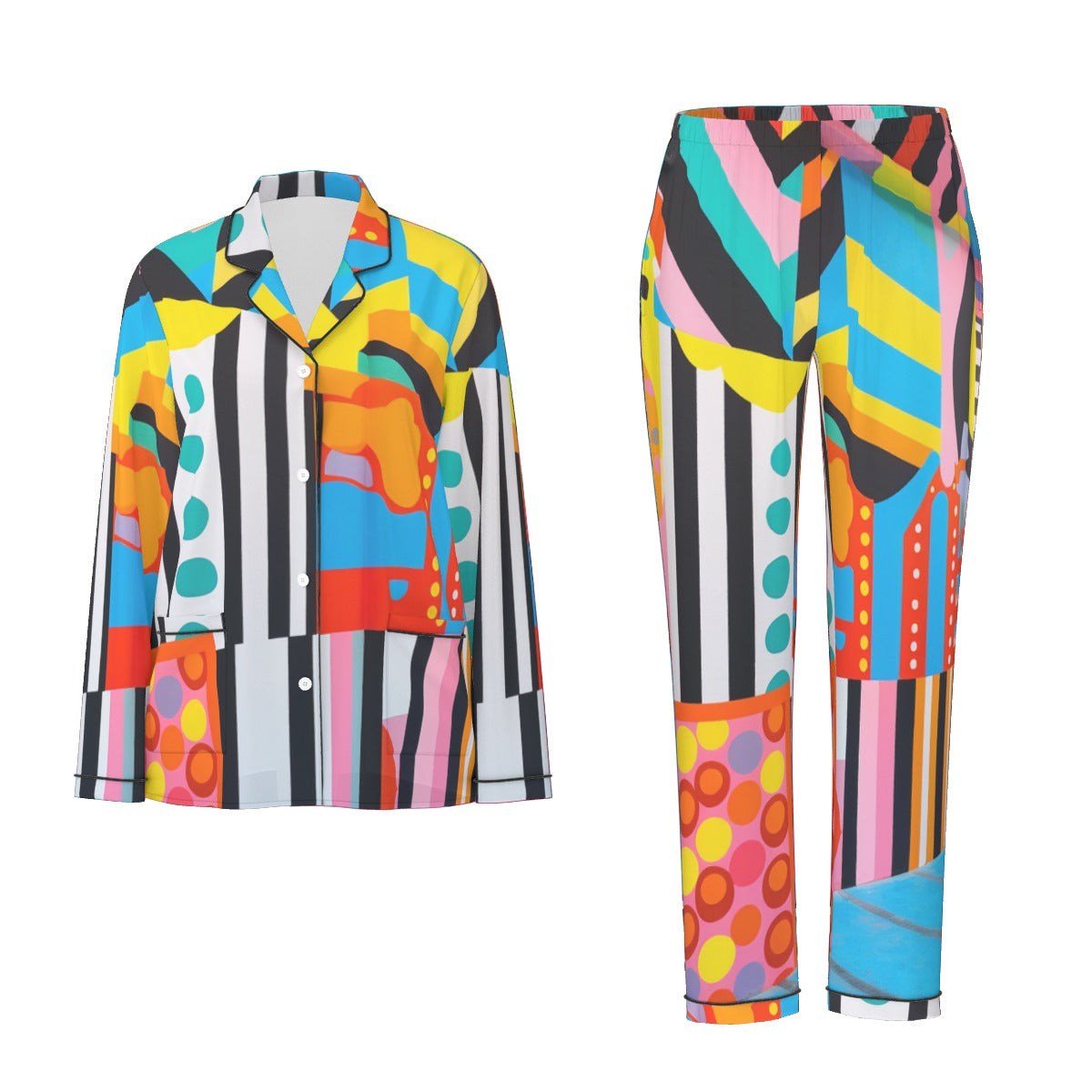 All-Over Print Women's Long Sleeve Pajama Set With Black Contrast Piping