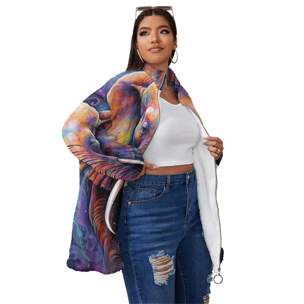 All-Over Print Unisex Borg Fleece Stand-up Collar Coat With Zipper Closure(Plus Size)