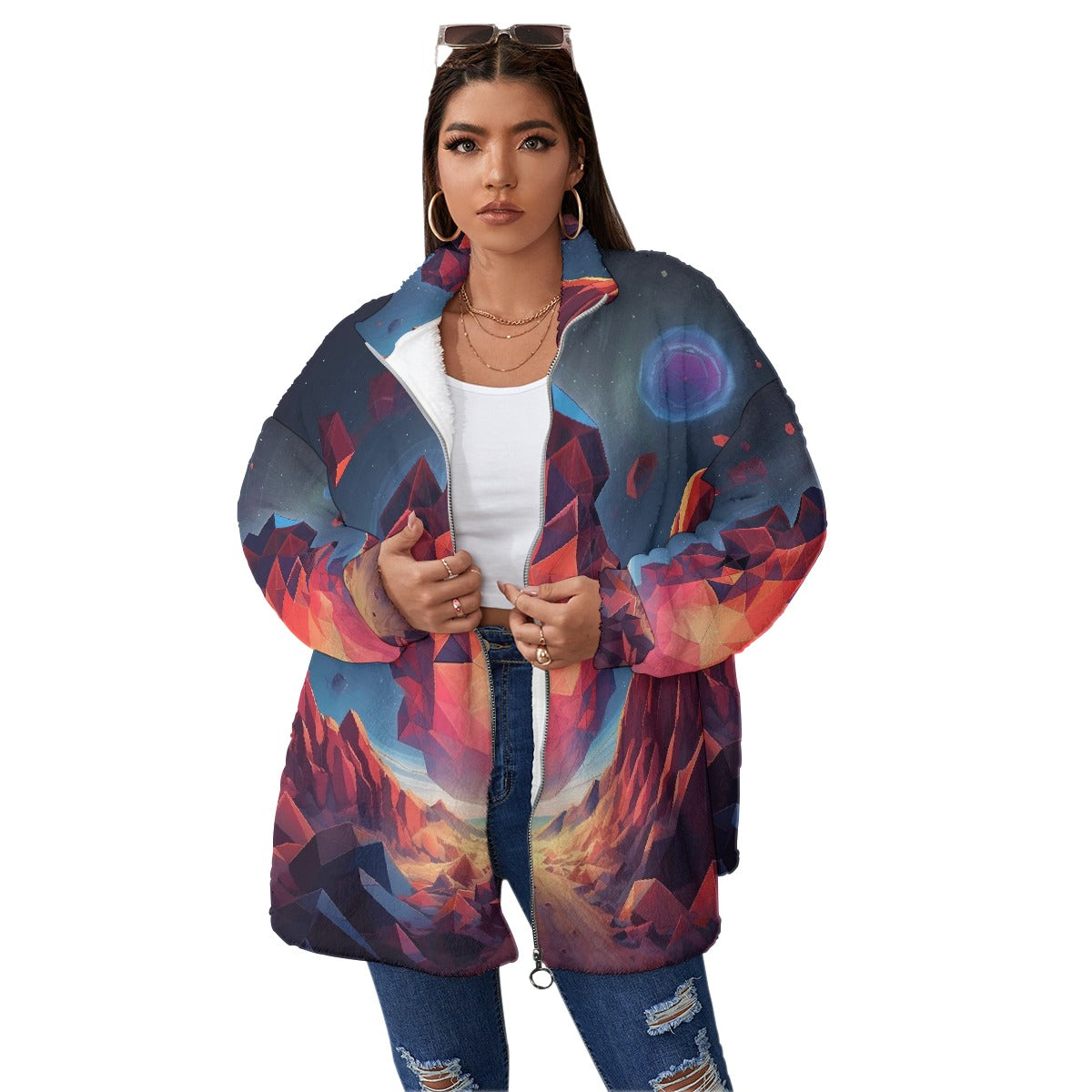 All-Over Print Unisex Borg Fleece Stand-up Collar Coat With Zipper Closure(Plus Size)