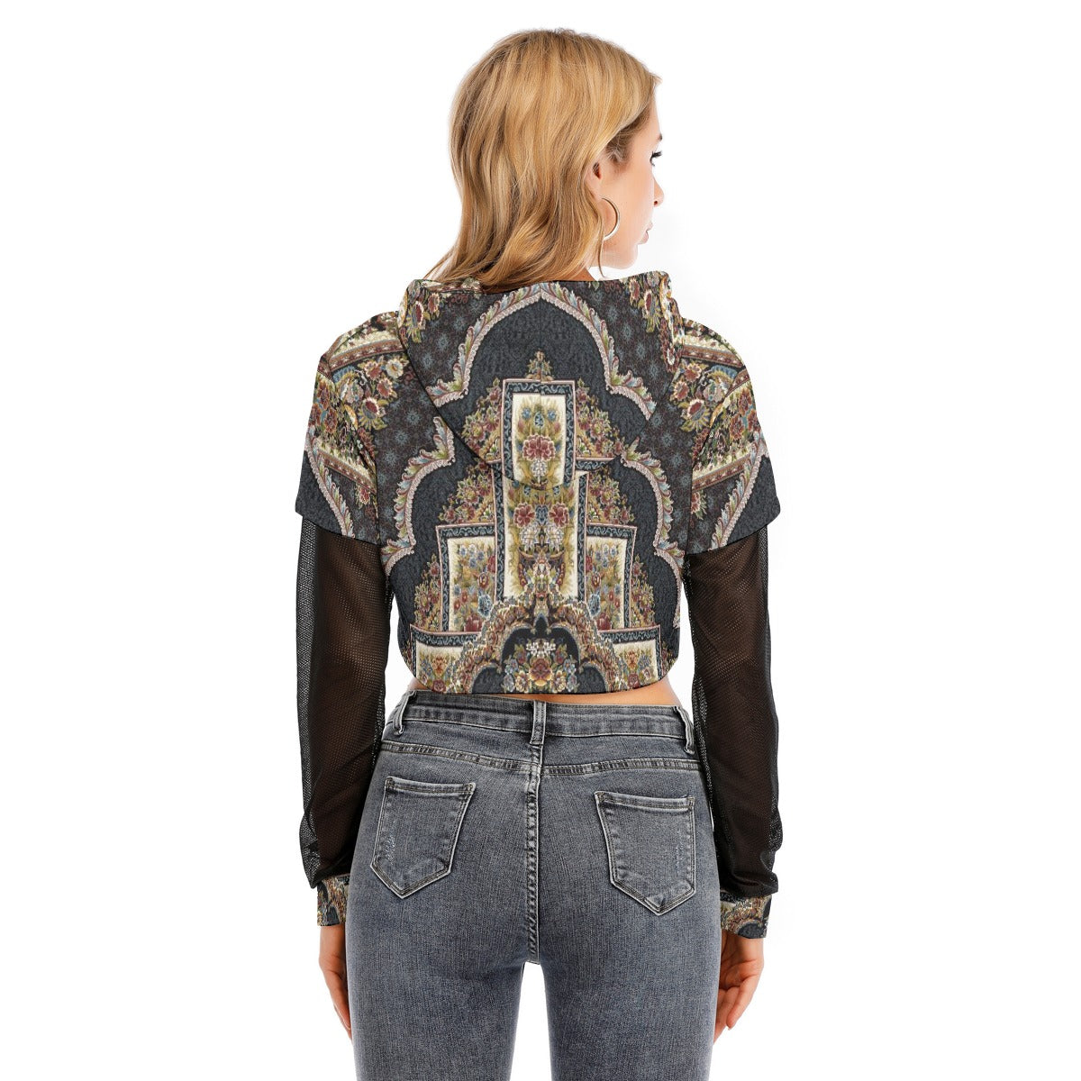 All-Over Print Women's Fake Two-piece Mesh Sleeve Cropped Hoodie