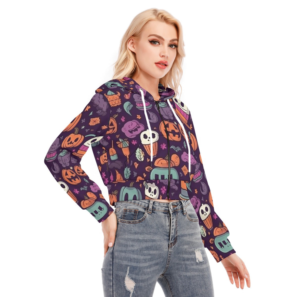 All-Over Print Women's Crop Top Hoodie With Zipper Closure