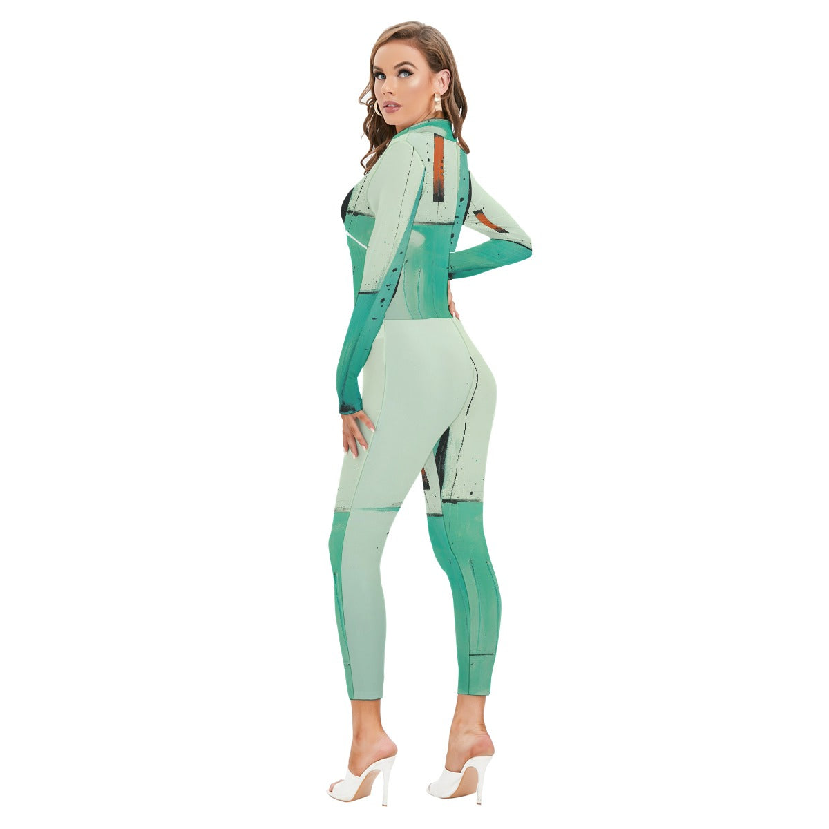 All-Over Print Women's Long-sleeved High-neck Jumpsuit With Zipper