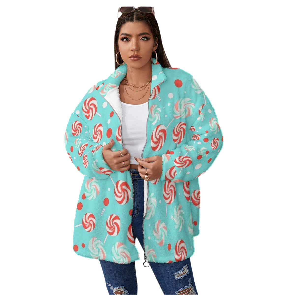 All-Over Print Unisex Borg Fleece Stand-up Collar Coat With Zipper Closure(Plus Size)