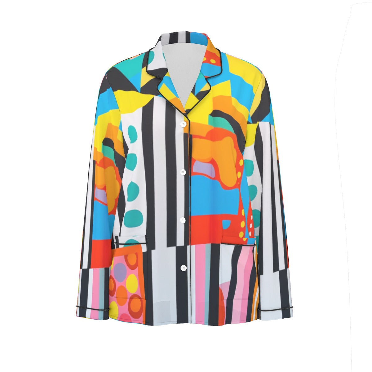 All-Over Print Women's Long Sleeve Pajama Set With Black Contrast Piping