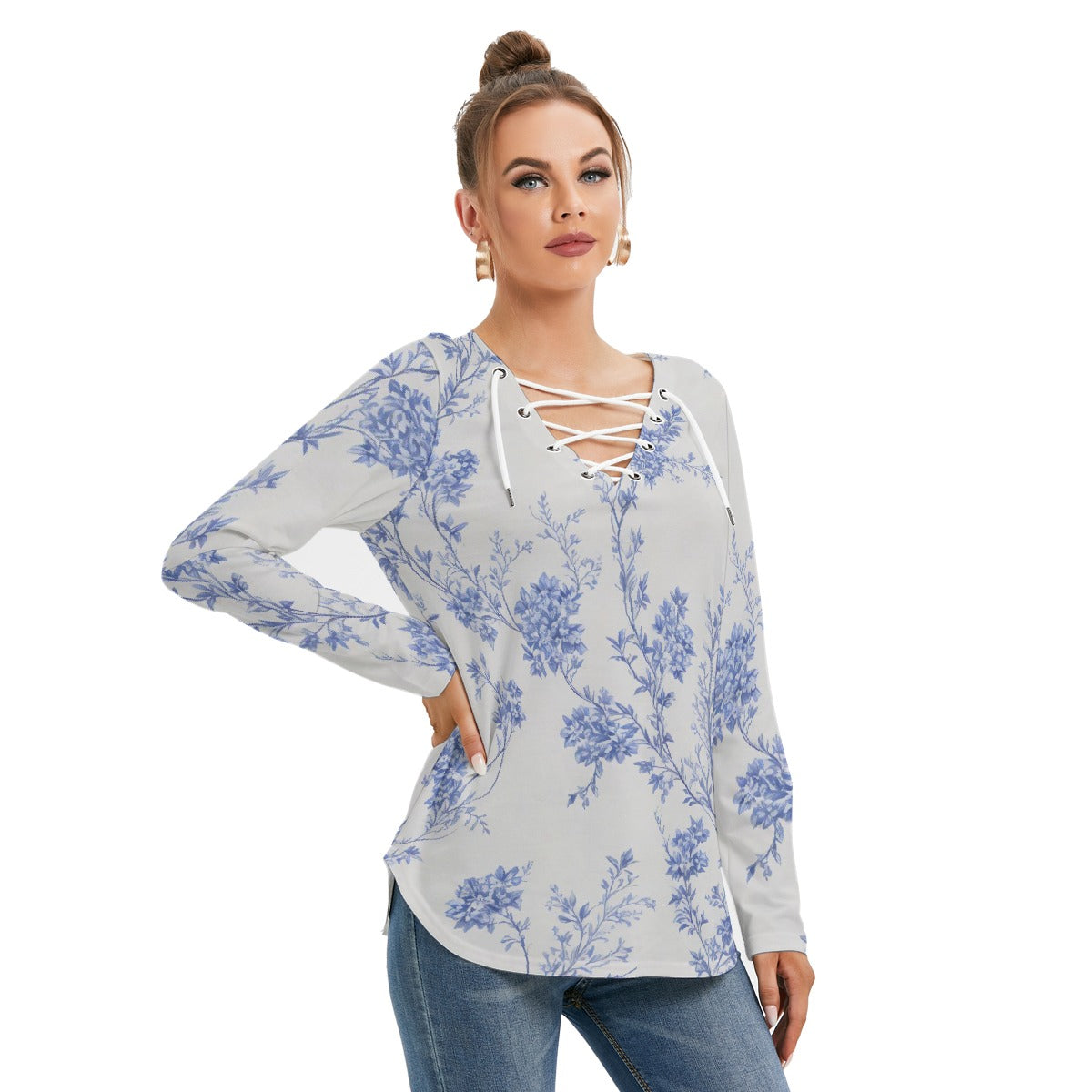 All-Over Print Women's Long Sleeve Neckline Tie Sweatshirt