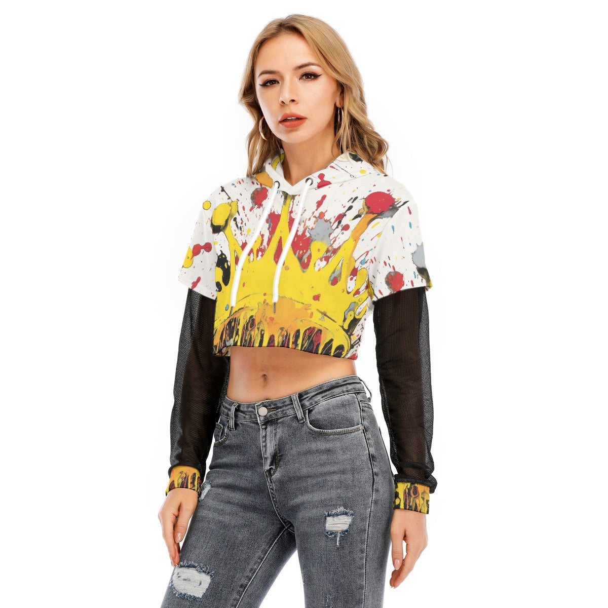 All-Over Print Women's Fake Two-piece Mesh Sleeve Cropped Hoodie