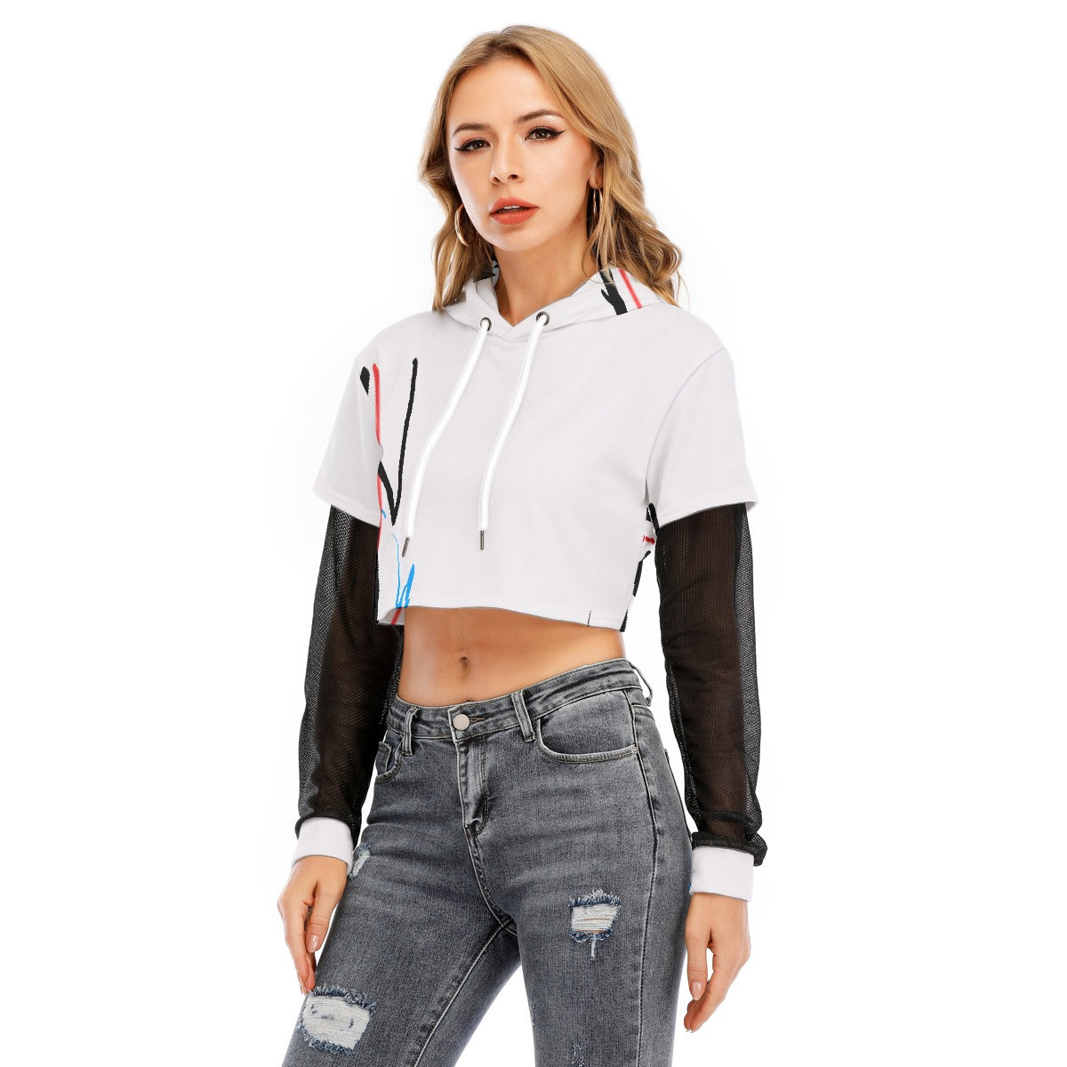 All-Over Print Women's Fake Two-piece Mesh Sleeve Cropped Hoodie