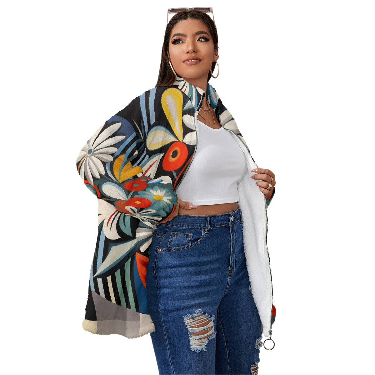 All-Over Print Unisex Borg Fleece Stand-up Collar Coat With Zipper Closure(Plus Size)