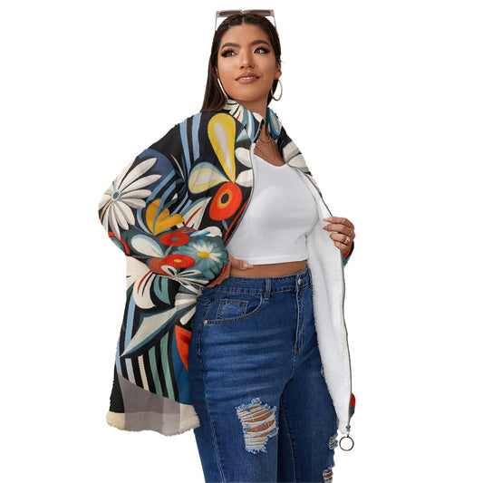 All-Over Print Unisex Borg Fleece Stand-up Collar Coat With Zipper Closure(Plus Size)