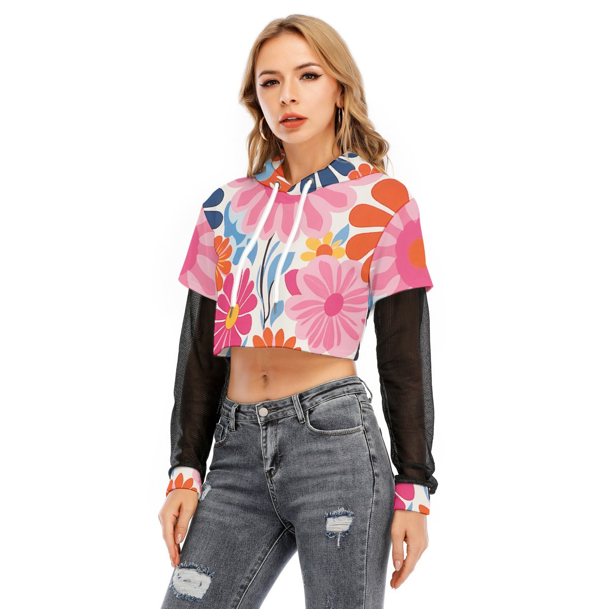 All-Over Print Women's Fake Two-piece Mesh Sleeve Cropped Hoodie