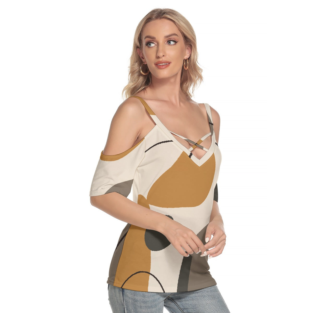 All-Over Print Women's Cold Shoulder T-shirt With Criss Cross Strips