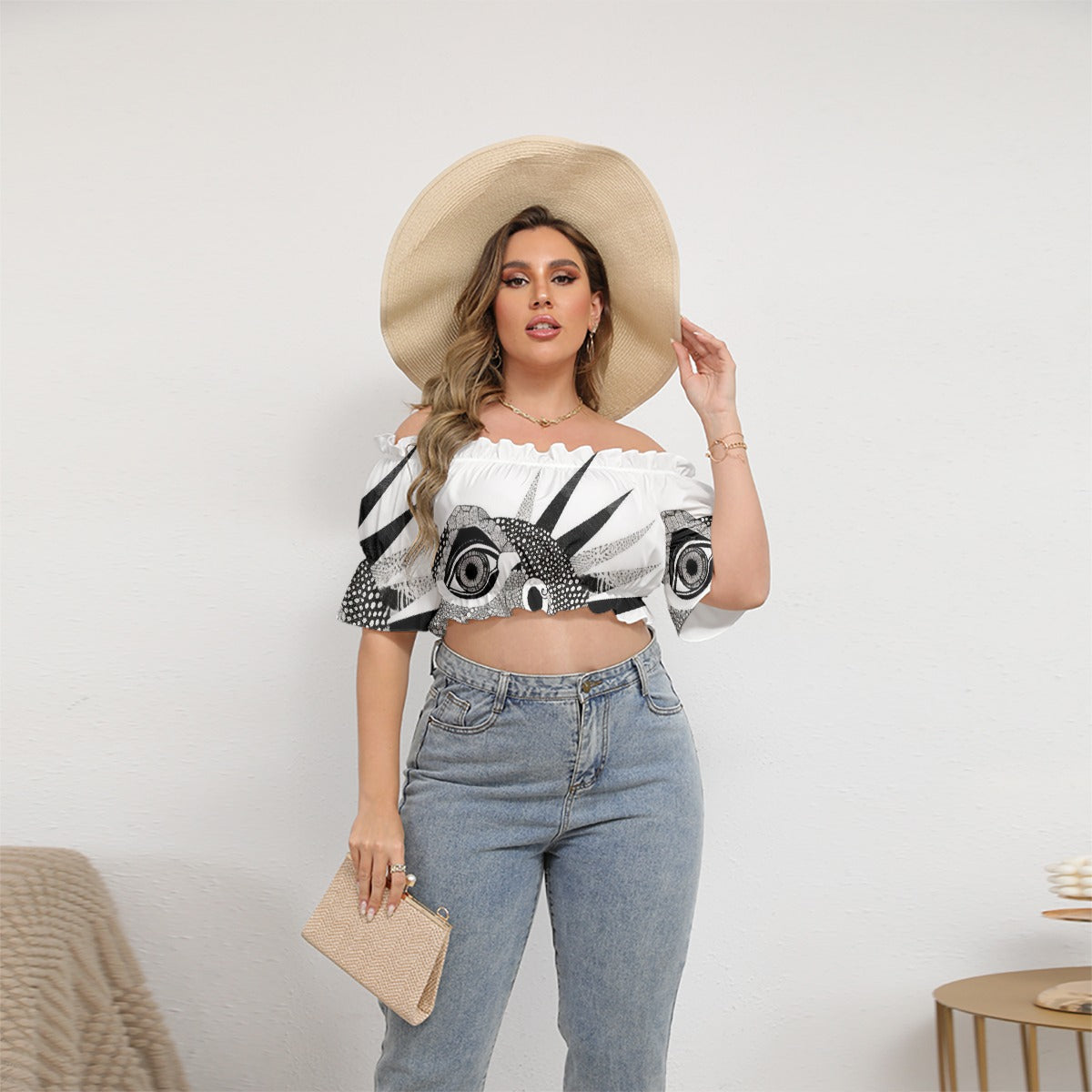All-Over Print Women's Off-shoulder Cropped Top With Short Puff Sleeve