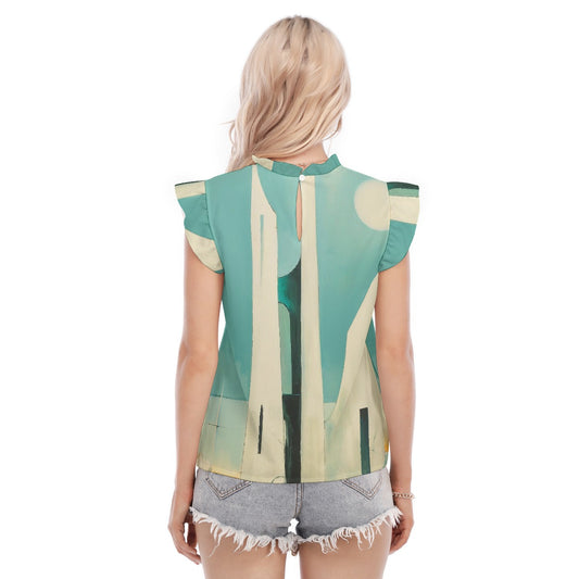 All-Over Print Women's Blouse With Ruffle Collar And Sleeve