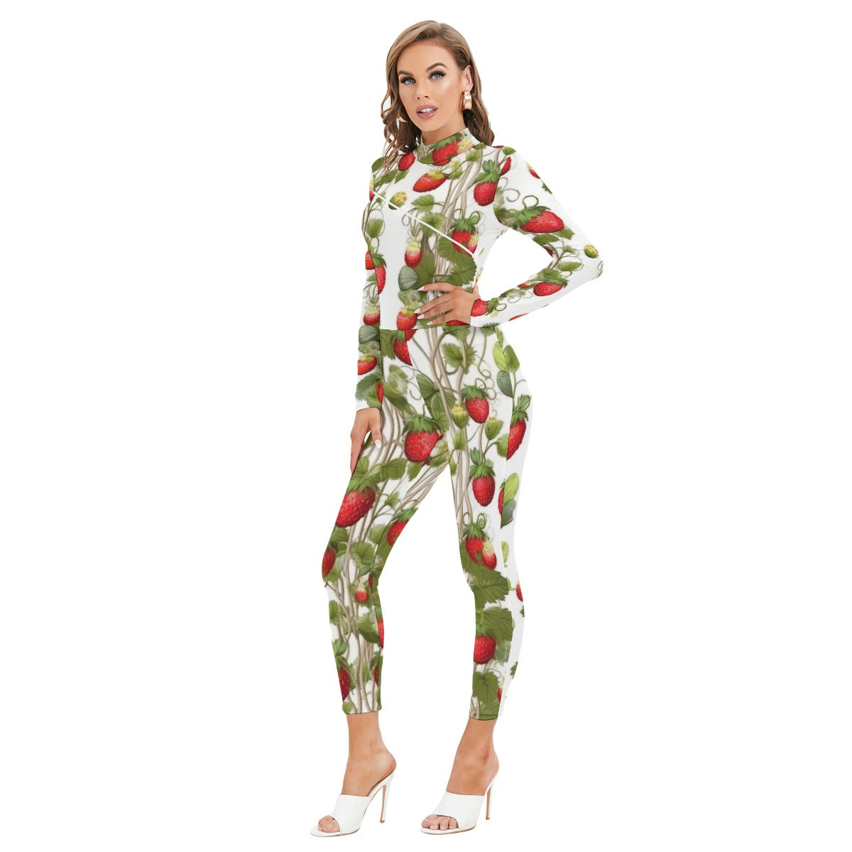 All-Over Print Women's Long-sleeved High-neck Jumpsuit With Zipper