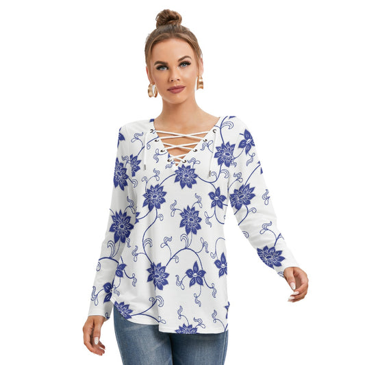 All-Over Print Women's Long Sleeve Neckline Tie Sweatshirt