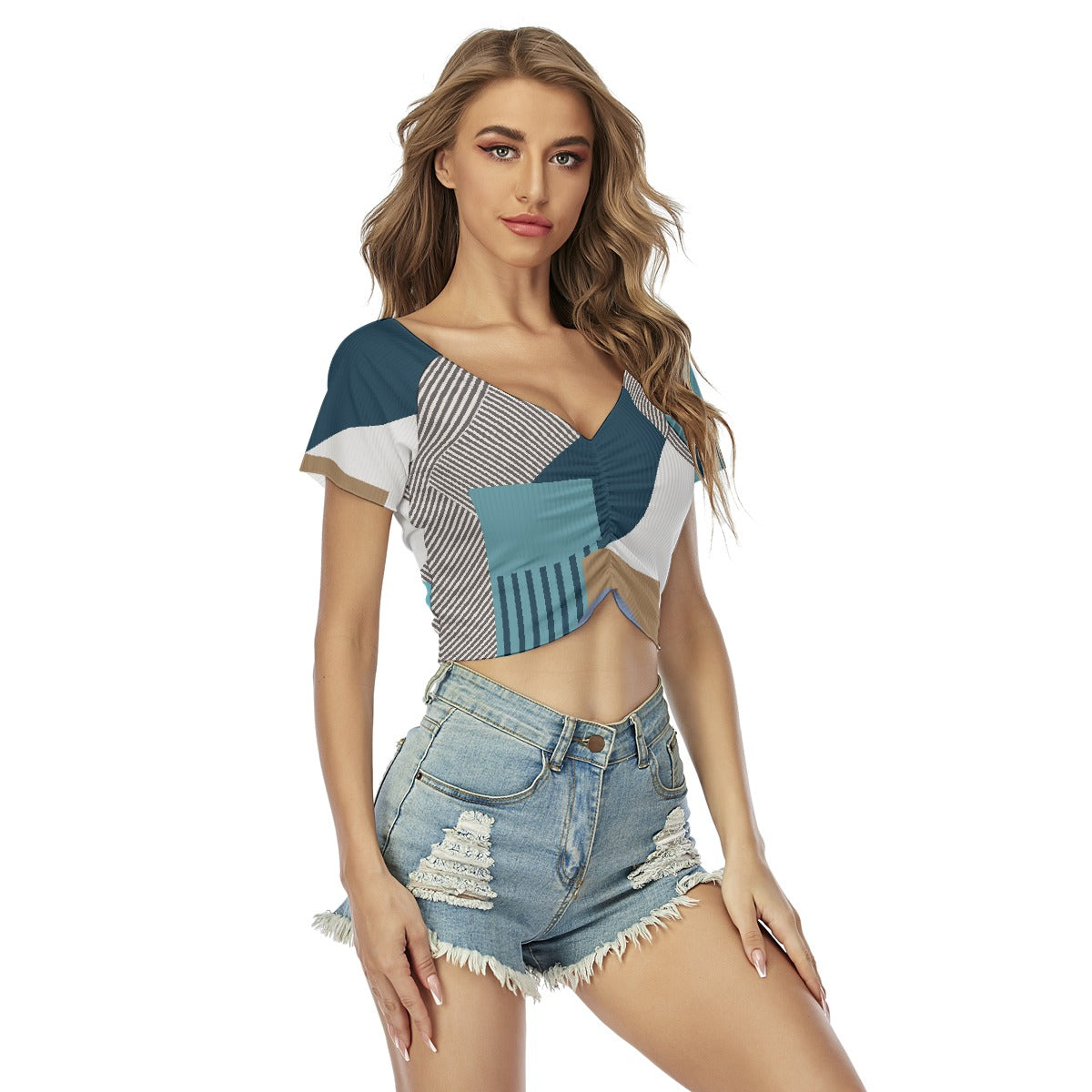 All-Over Print Women's Raglan Drawstring Front  Crop Tee