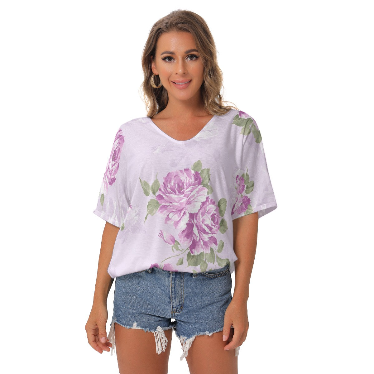 All-Over Print Women's Bat Sleeves V-Neck Blouse