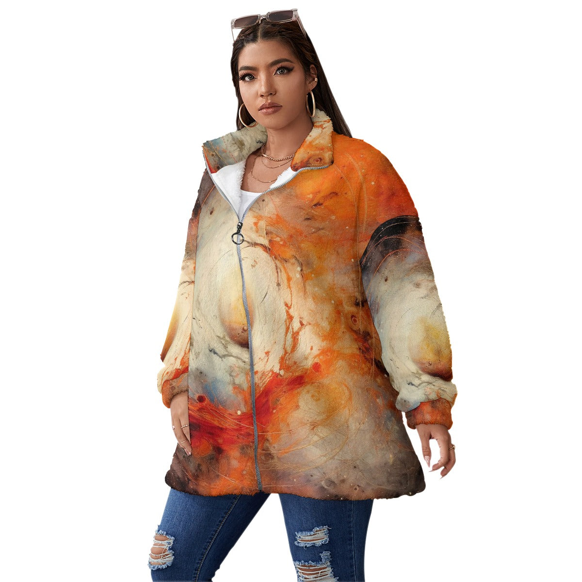 All-Over Print Unisex Borg Fleece Stand-up Collar Coat With Zipper Closure(Plus Size)