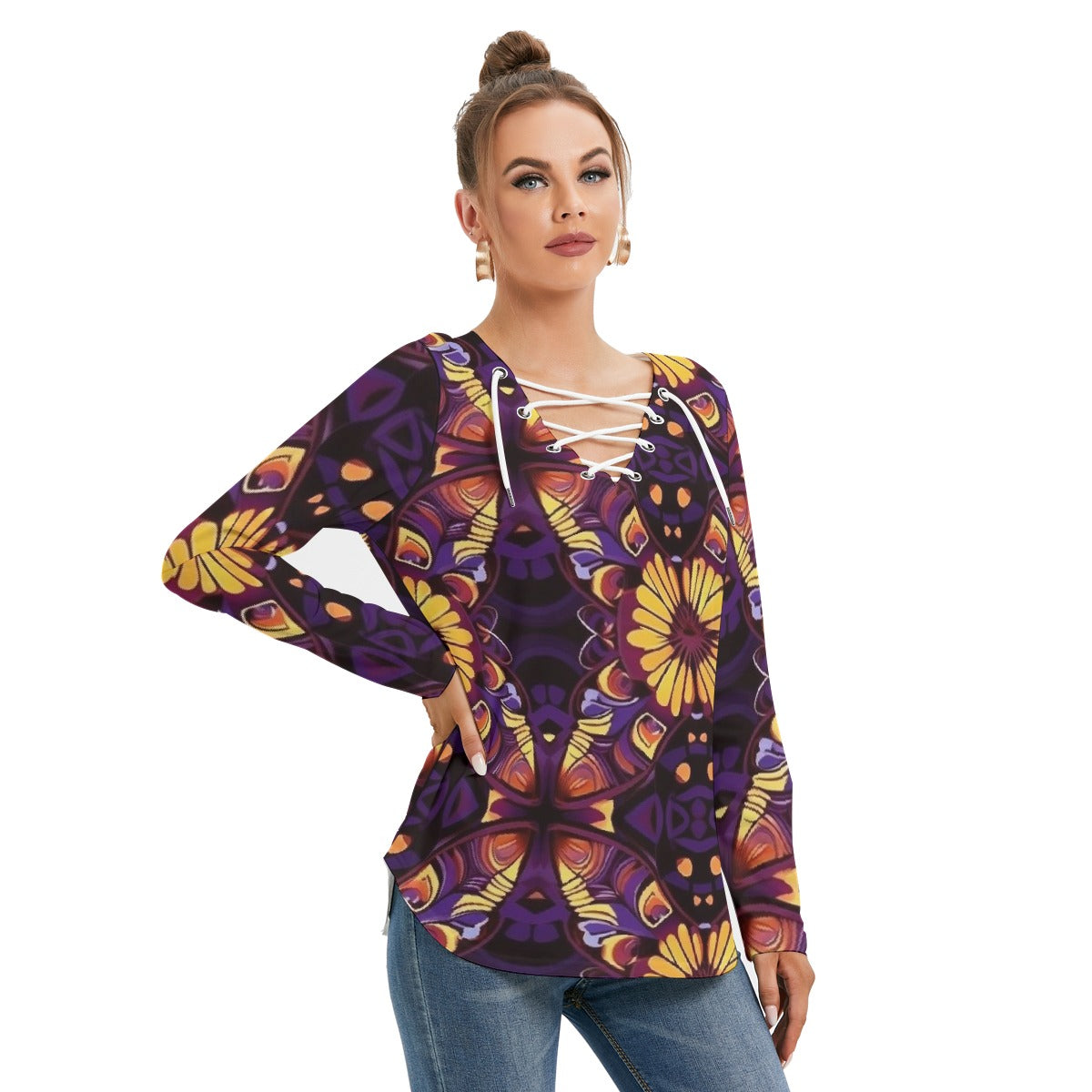 All-Over Print Women's Long Sleeve Neckline Tie Sweatshirt