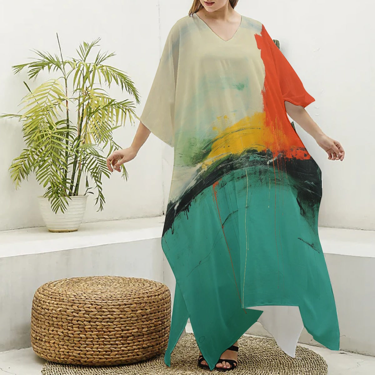 All-Over Print Women's Imitation Silk V-neck Kaftan Robe