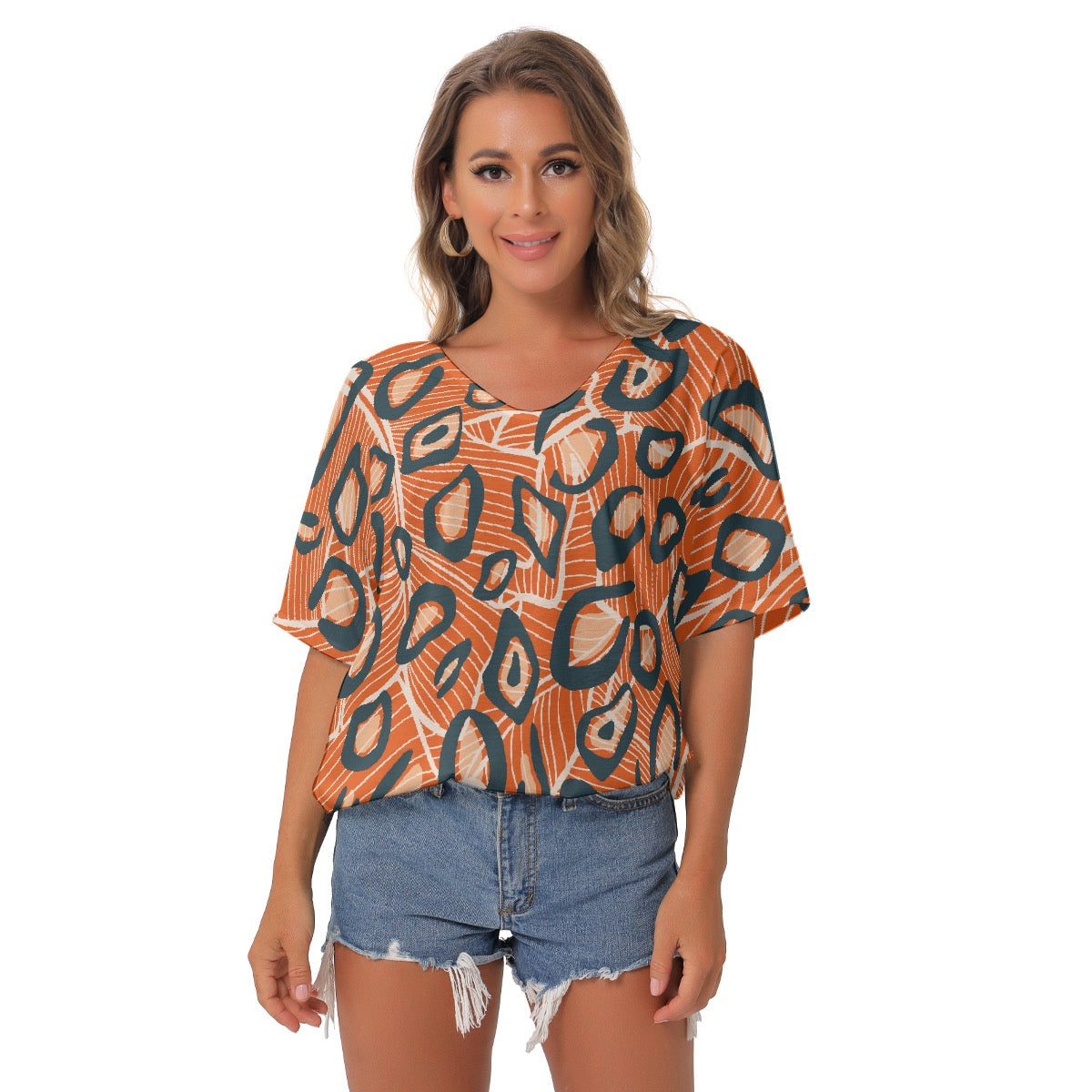 All-Over Print Women's Bat Sleeves V-Neck Blouse